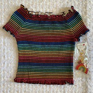 Beautees Girls Rainbow Colors Stretch Short Sleeve Top-L
